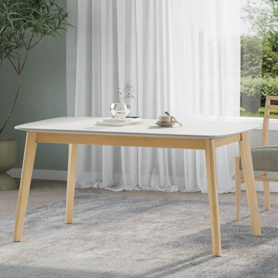 Graceful Mid-Century Dining Table, Faux Wood Deck And Robust Rubberwood Legs, White Oak Tinge, 57.97" W X 35.78" D 29.87" H Attractive Surface Gleam,