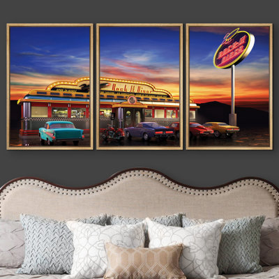 Architecture Building " Retro American Diner At Dusk " 3 - Pieces