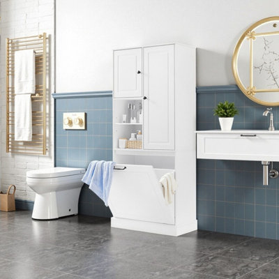 Grande armoire de rangement avec panier rabattable, tablettes réglables et armoires fermées pour la salle de bain, le salon ou le bureau