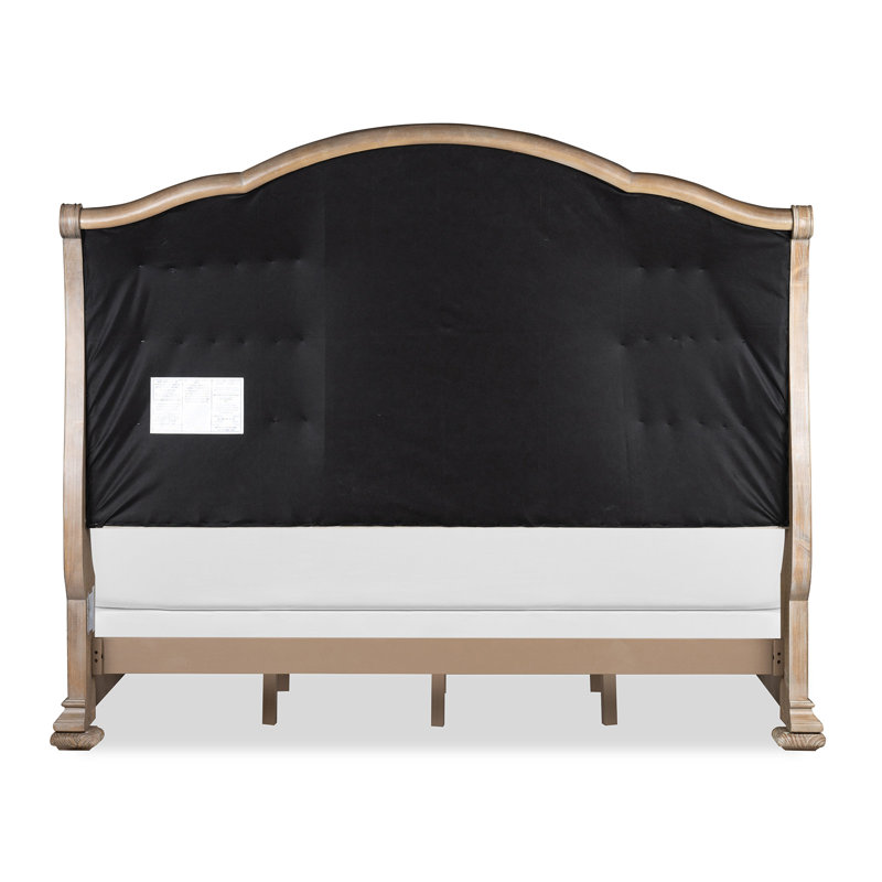 Grand lit-bateau tapissier avec 2 commodes, Beige, Grand, Ensemble de 3 pièces : lit, 2 tables de chevet