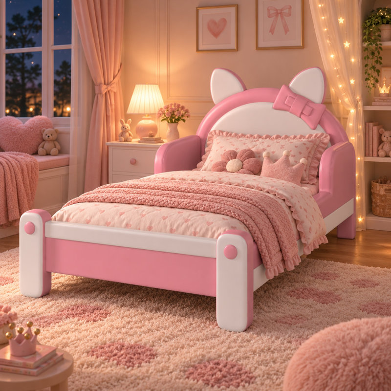 Lit plateforme rembourré en forme de chat mignon Dandre pour enfants, avec barrières de sécurité latérales, lit princesse bas avec tête de lit à nœud.