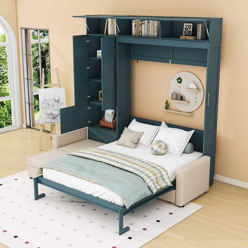 Grand lit escamotable multifonctionnel avec canapé en L et armoires de rangement, Beige
