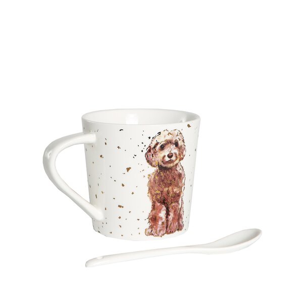 Pet Portrait Porcelain Water Cup with Lid & Spoon - Poodle(Red)