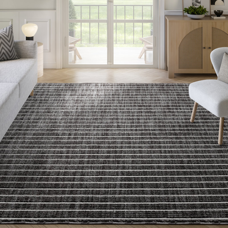 Abani Rugs BUR120A Delastre Black Ivory Linear Stripe Area Rug, Rectangle 4' x 6'