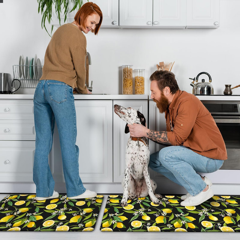 Lot de 2 tapis de cuisine au citron - Tapis antifatigue pour plancher de cuisine - Tapis antidérapants et moelleux - Décor au citron (44 x 74 cm + 44 x 119 cm - 1 cm) Noir