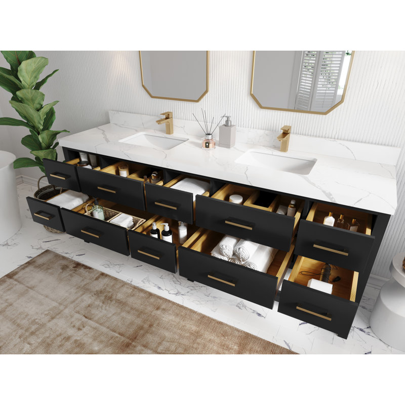 Parker 84 In. W X 22 In. D Double Sink Bathroom Vanity In Black With 2 In., Calacatta Black