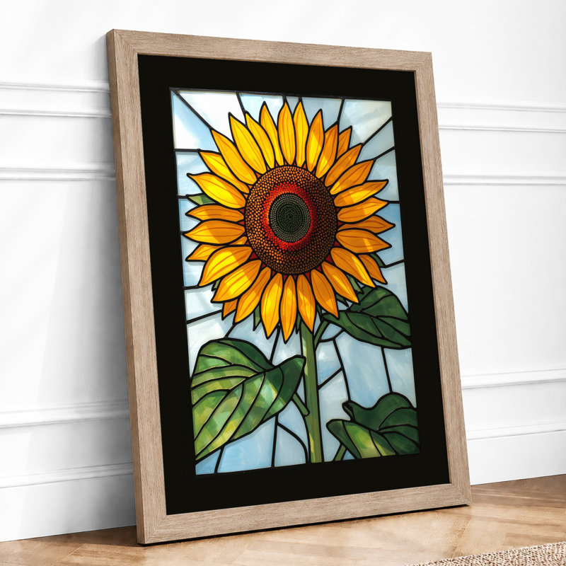 Stained Glass Sunflower Botanical - Framed Print, A4 - 29.7 x 21.0 cm, Oak