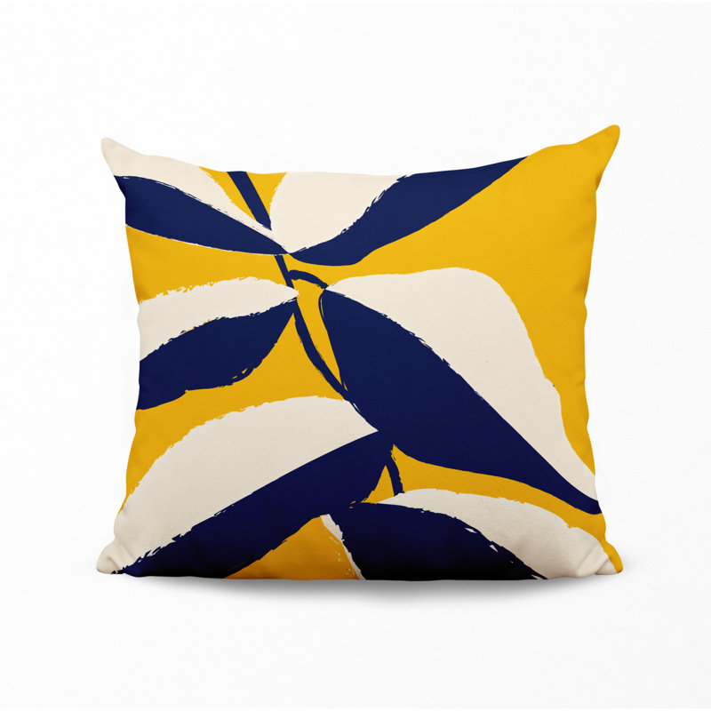 Coussin intérieur / extérieur en polyester filé Lara, 15 po x 15 po, Jaune / blanc cassé / bleu marine