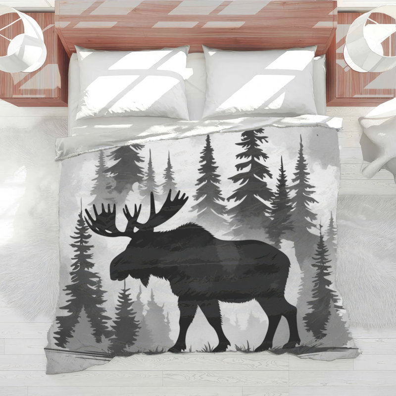 Moose In Forest Silhouette Comforter, Twin Extra Long, Medium Gray Beige
