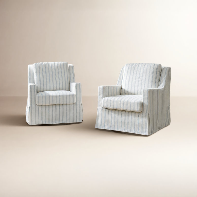 Lucie 30" W Farmhouse Slipcovered Down-blend Swivel Rocking Chair with Pillow Back, Blue