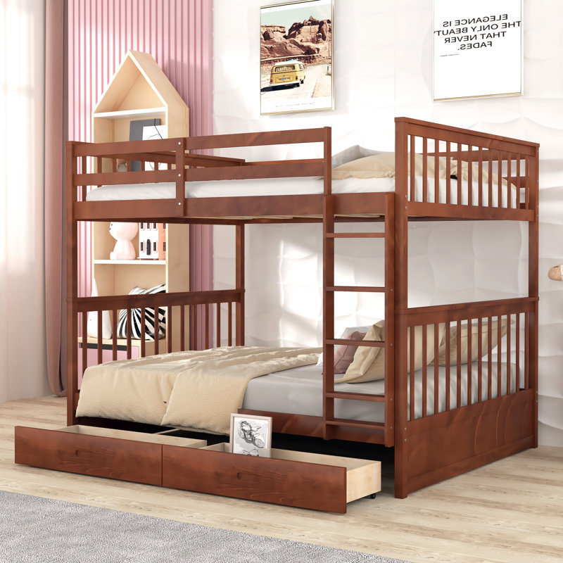 Felske Kids Bunk Bed with Drawers, Walnut,  Full over Full