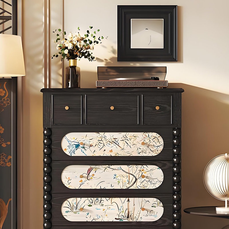 Commode en bois massif français français avec poignées en cuivre, Noir