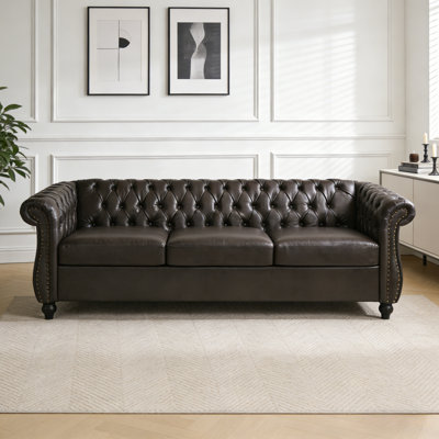 84" Chesterfield Sofa, 3-Seater Tufted Sofa With Nailhead Trim & Scrolled Arms, Low Profile Loveseat For Living Room, Apartment Sofa
