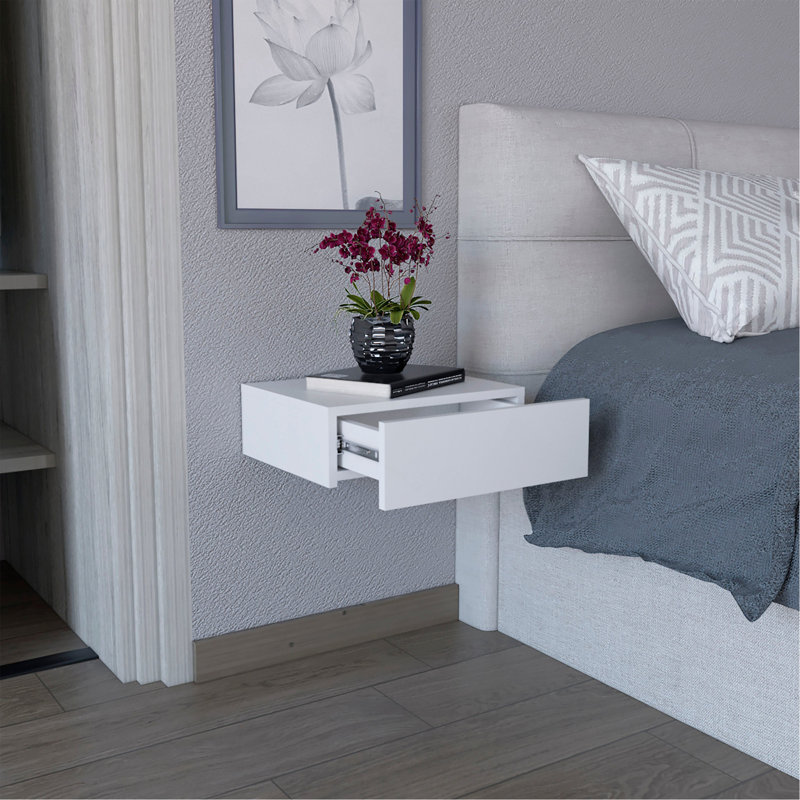 Table de chevet flottante Milano, table de bout, table d'appoint murale avec tiroir - blanc - chambre à coucher, Blanc