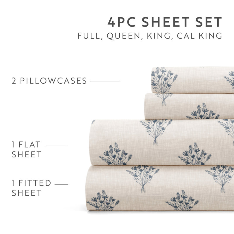 California King Blue Floral Microfiber Sheet Set
