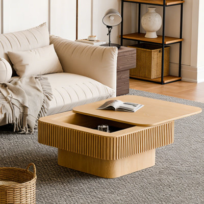 Table basse carrée en placage de bois massif de 31,5 po avec rangement | Style minimaliste moderne | Pour le salon, la chambre à coucher, un appartement ou un bureau