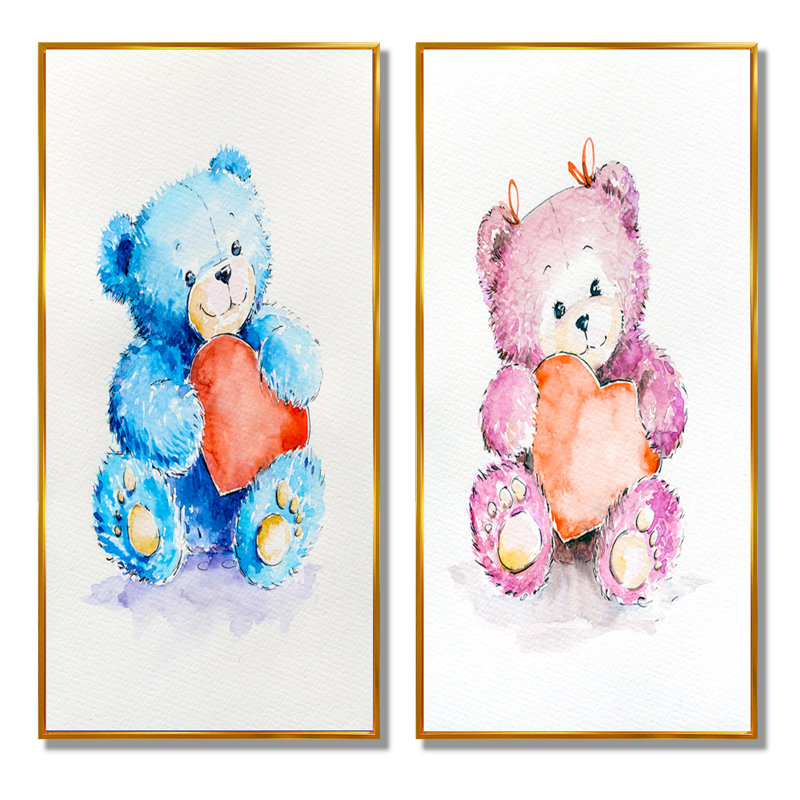 «Happy Valentine Day Cute Teddy», ensemble de 2 reproductions sur toile, H 32 po x l 32 po x P 1 po, Cadre flottant doré