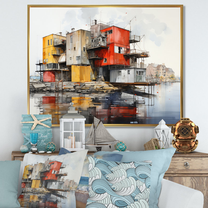 Port Urban Waterfront sur toile, Cadre flottant doré, H 12 po x l 20 po x P 1 po