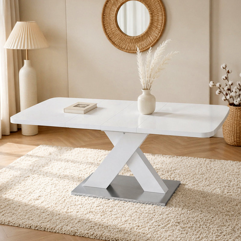 Modern Square Dining Table, Stretchable, White Table Top+MDF X-Shape Table Leg with Metal Base