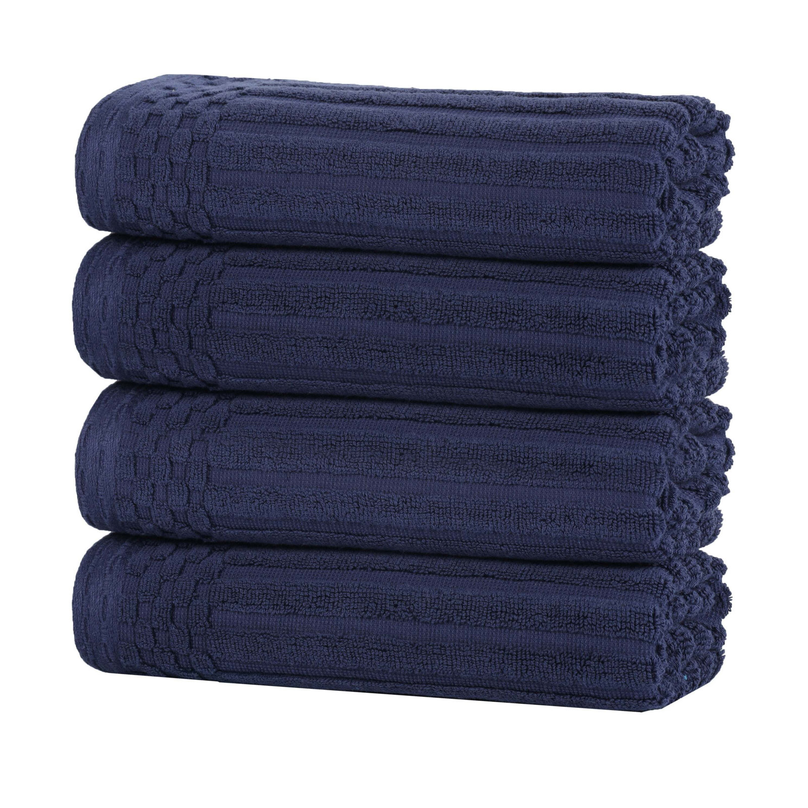 Checkered Border Cotton Hand Towel Set, Navy Blue