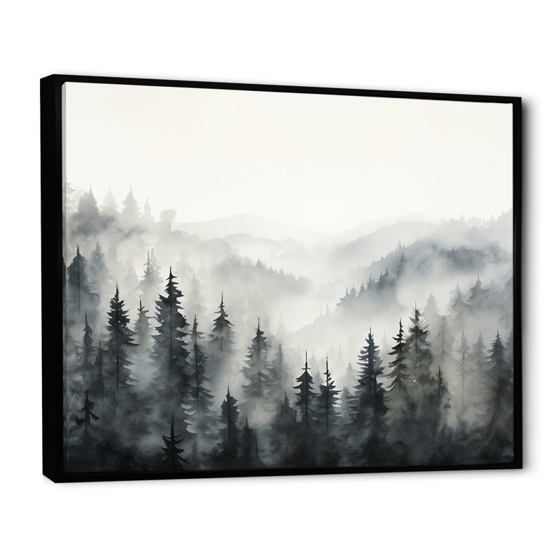 «Gray Misty Morning Forest Horizon», art mural encadré forêt, 30" H x 40" W, Cadre flottant noir