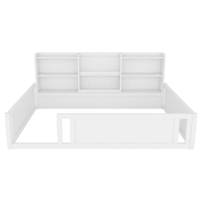 Lit plateforme Nestlé avec barrière de sécurité et tablettes de rangement latérales, Lit double, Blanc