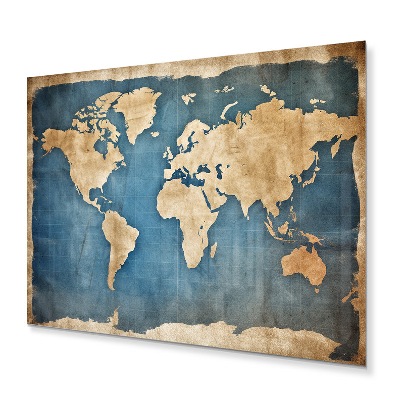Ancienne carte du monde III - salon d'art mural en métal carte du monde, H 30 po x l 40 po x P 1 po