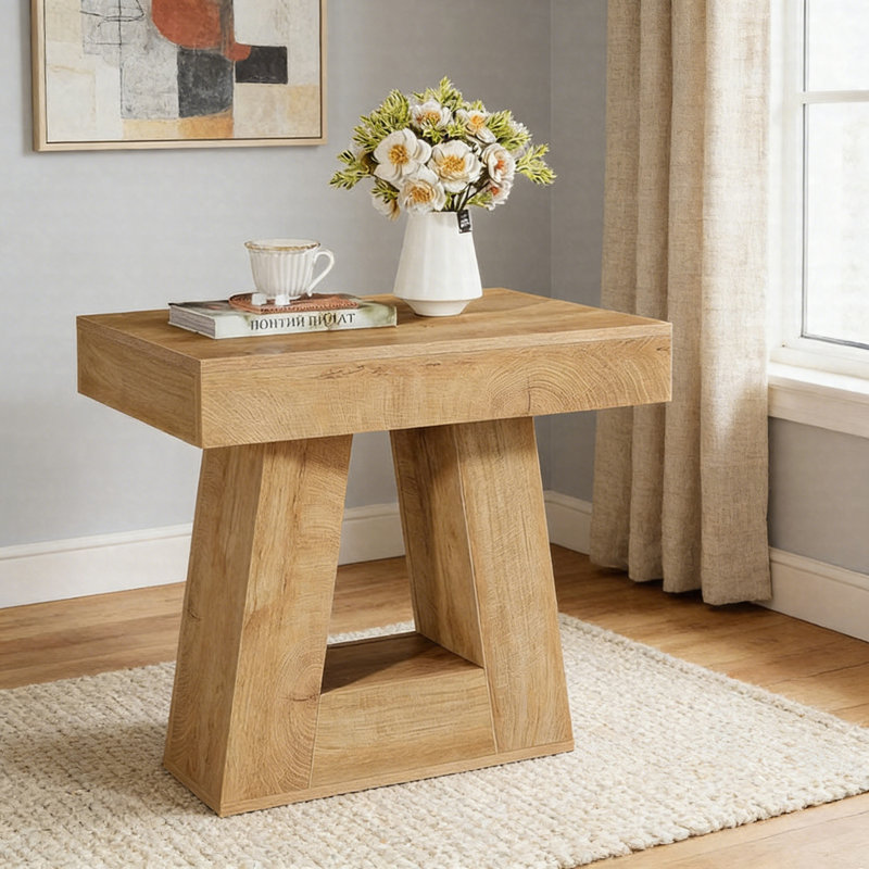 Table de bout étroite 24 po - Table d'appoint moderne à 2 niveaux avec base trapézoïdale