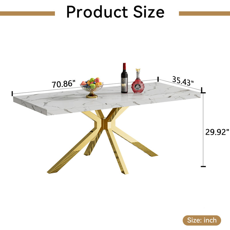 70" Large Dining Table, Luxurious White Table With Printed Marble Top And Stainless Steel Pedestal, Modern Rectangular Marble Printed Kitchen Table