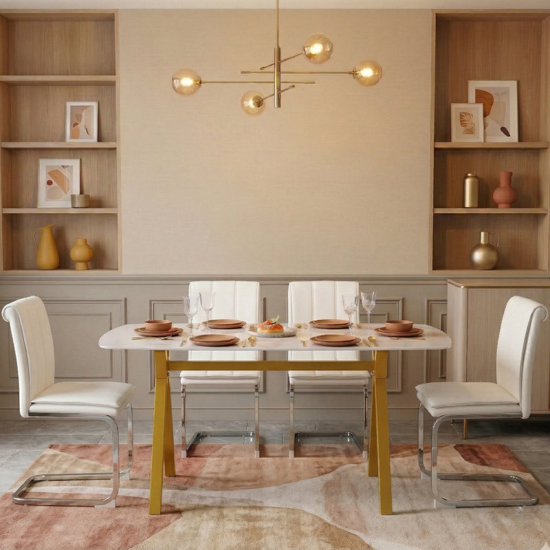 Ensemble de salle à manger 5 pièces, Chaises blanches / argentées, Table dorée