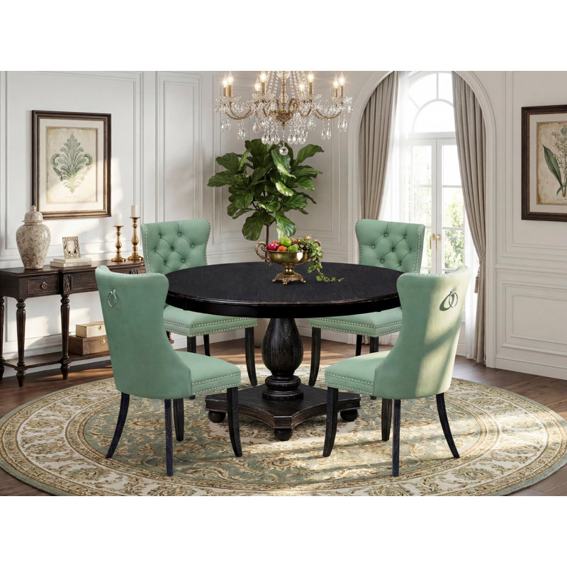 Ensemble de salle à manger 5 pièces composé d'une table ronde de 54 po avec piédestal et 4 chaises rembourrées vert saule, noir sablé
