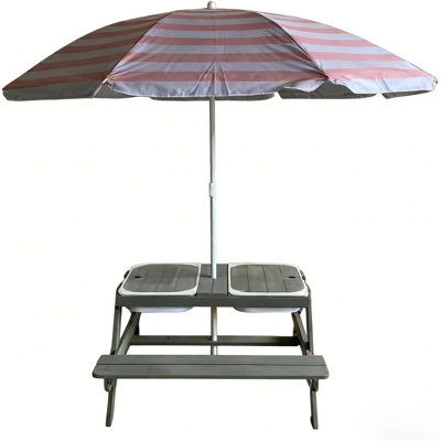 4-in-1 Kids Sand & Water Table with Removable Weatherproof Umbrella, Wooden Outdoor Picnic Table with 2 Covered Bins, Sensory Play Table for Toddlers Boys & Girls
