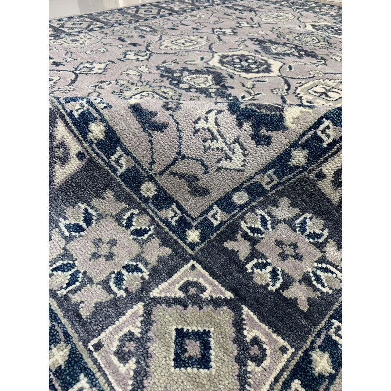Tapis gris traditionnel captivant en laine noué à la main Jasmine, Rectangle 6 pi x 9 pi