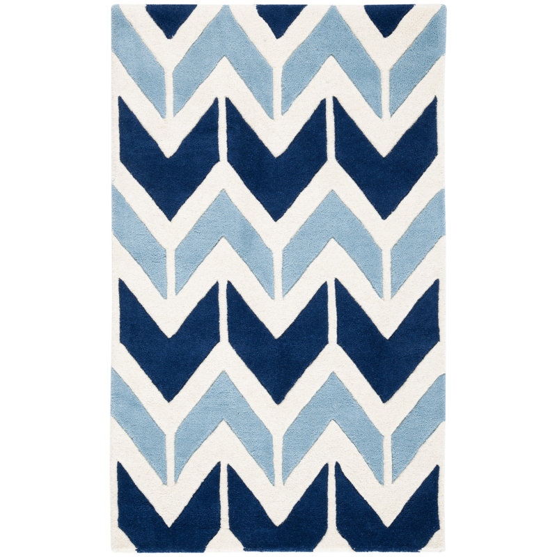 Tapis bleu foncé / bleu clair / blanc en laine touffeté à la main Sanaz, Rectangulaire 3 pi x 5 pi