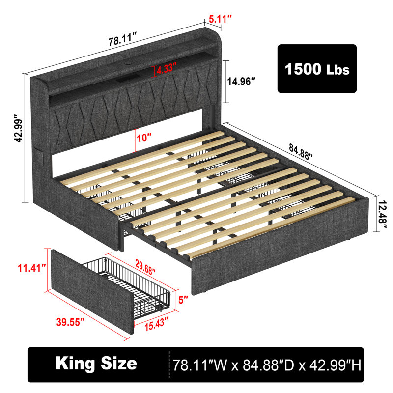 Upholstered Bed Frame With 4 Storage Drawers And Headboard, Bed Frame With LED Lights And Charging Station, King