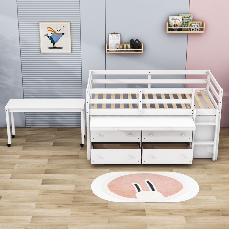 Jakilah Kids Loft Bed with Drawers, White, Twin