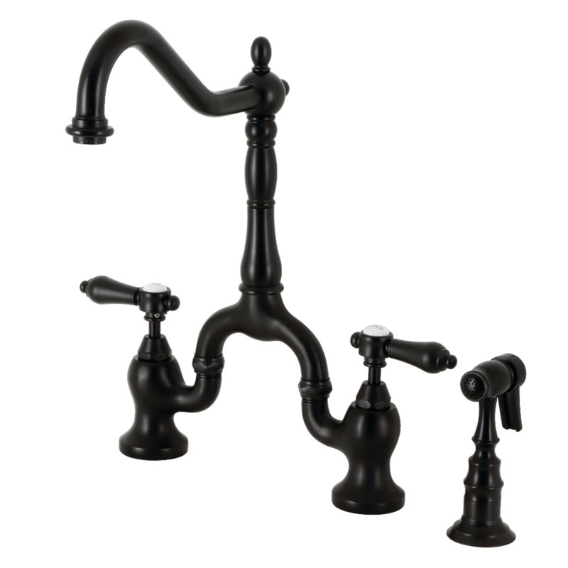 Kingston Brass Heirloom Two-Handle 3-Hole Deck Mount Bridge Kitchen Faucet with Brass Side Sprayer, Matte Black, Lever Handle