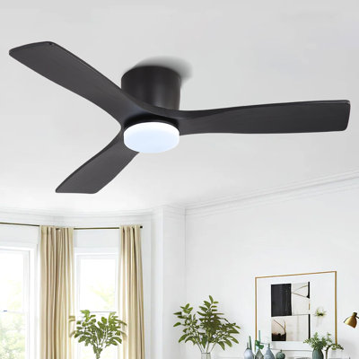 48'' Flush Mount Ceiling Fan 3 Carved Solid Wood Blades 6-Speed Noiseless Reversible DC Motor Indoor With Dimmable Light Kit And Remote, Black
