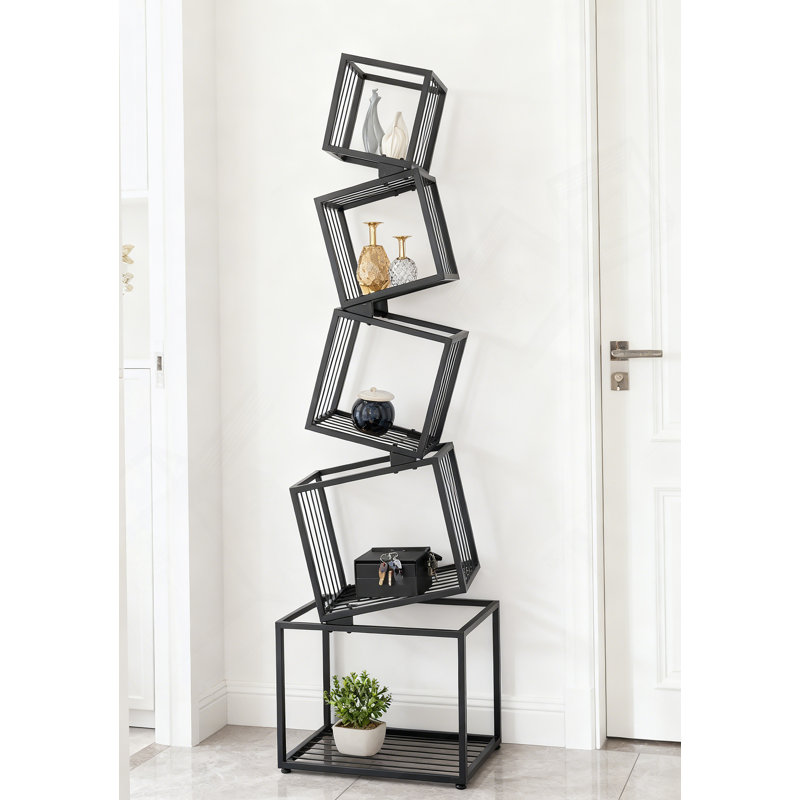 5-Tier Metal Geometric Bookshelf - Modern, Narrow, Space-Saving Organizer For Living Room, Bedroom, And Office