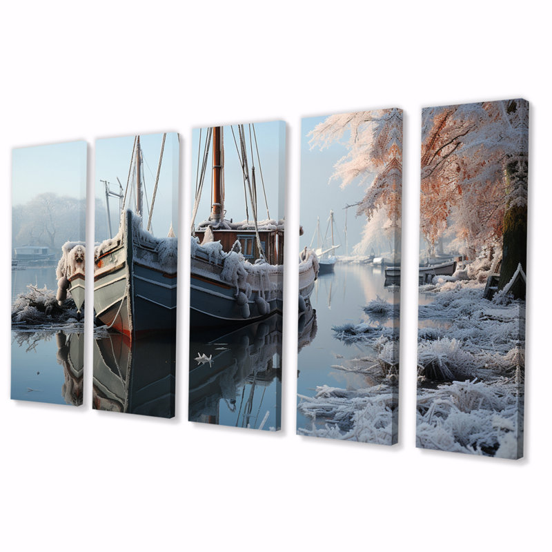 Icy Harbor Winter Landscape - Transport, reproduction sur toile - 5 panneaux égaux
