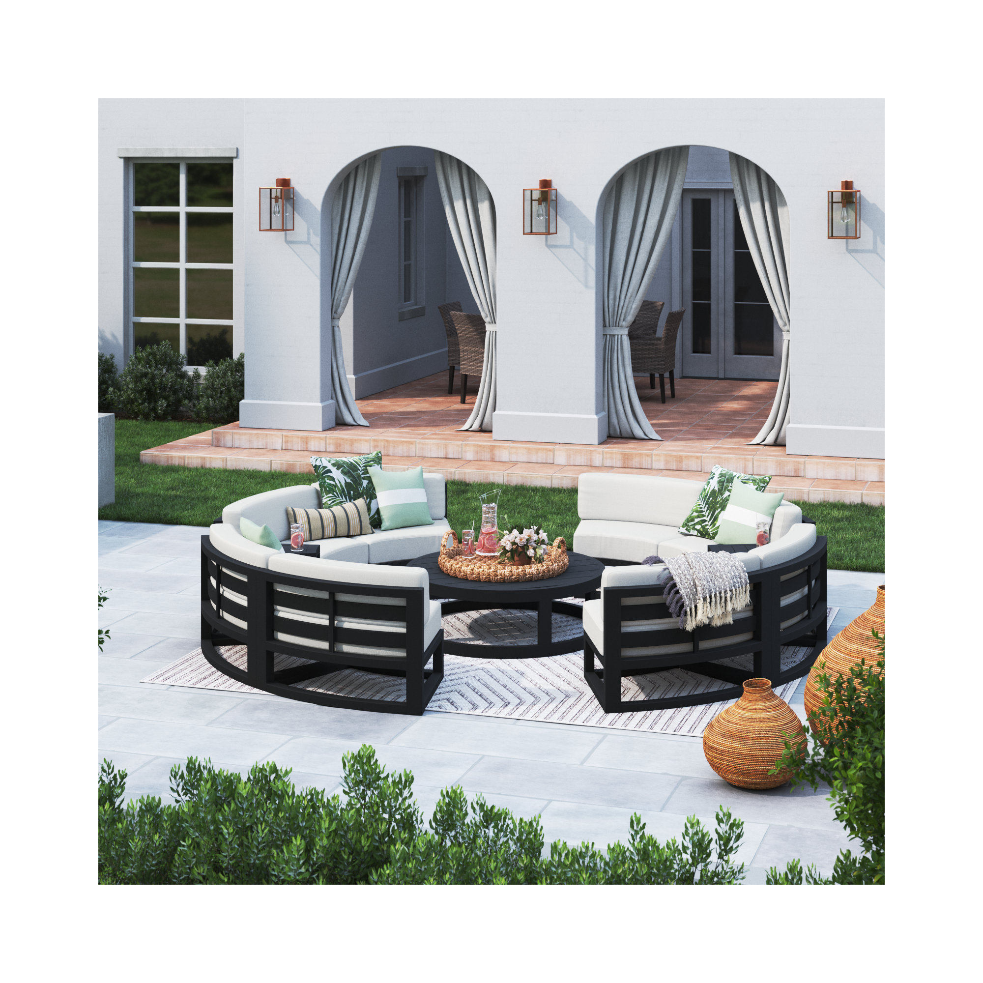 Bergeron 8 - Person Patio Conversation Set with Cushions, Canvas Natural Sunbrella® Canvas, Black