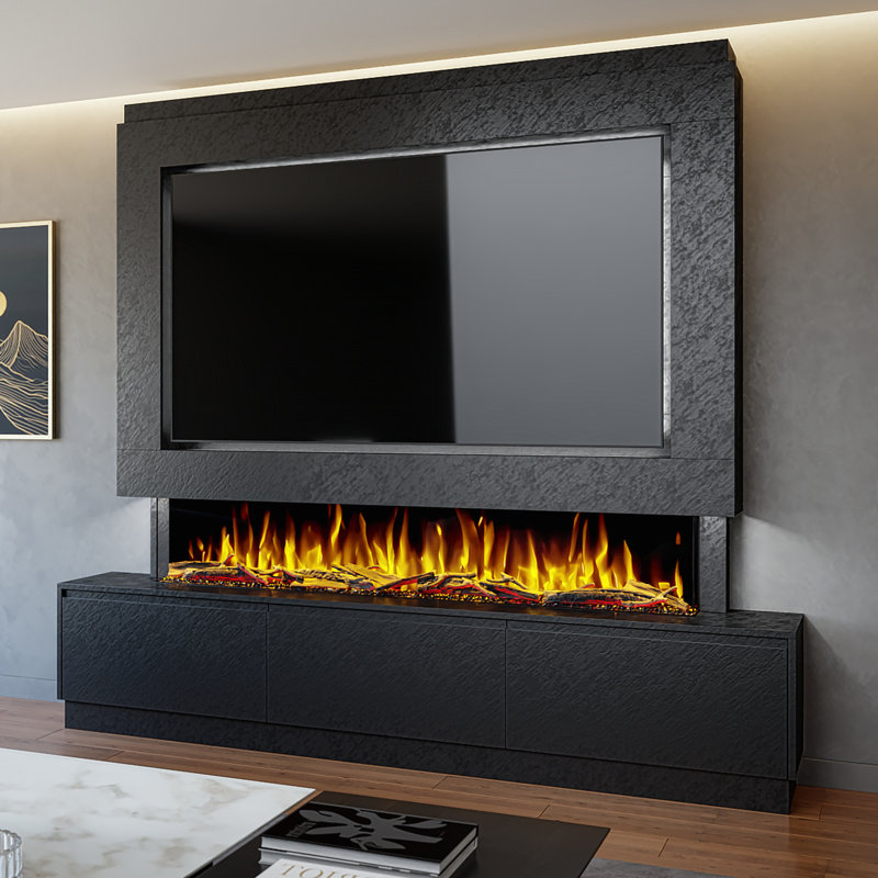 Evolution Fires Pre-Built Media Wall Package 23, finished in textured Venetian Plaster, includes Spectrum Series 72 Series 3-Sided Electric Fireplace