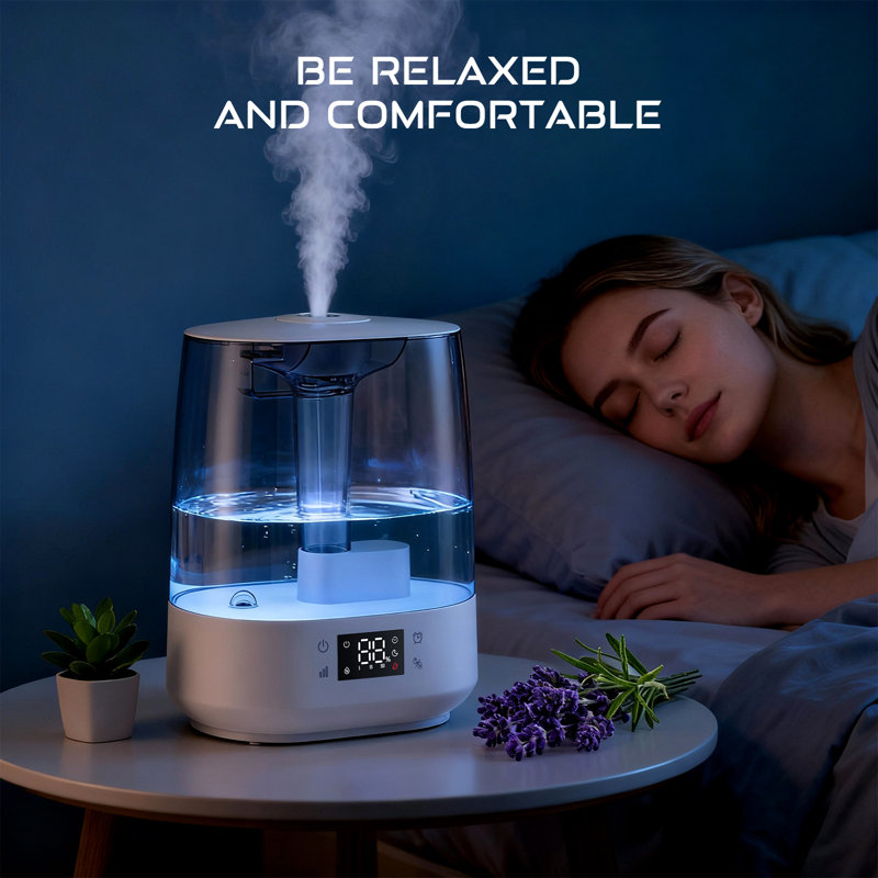 Humidificateur à vapeur froide pour chambre à coucher avec grand réservoir de remplissage supérieur, fonctionnement silencieux et brume à 360 degrés