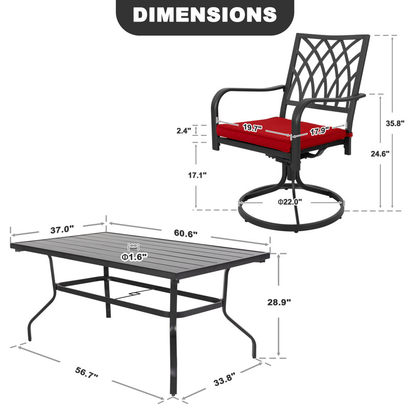 6 - Person Metal Patio Dining Set, 7 Pieces: Table, 6 Chairs