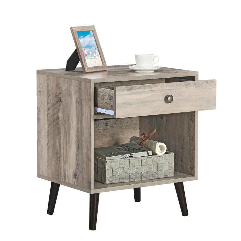 Vansant 1 - Drawer Nightstand with Drawer and Open Compartment, Solid Wood Legs, Greige