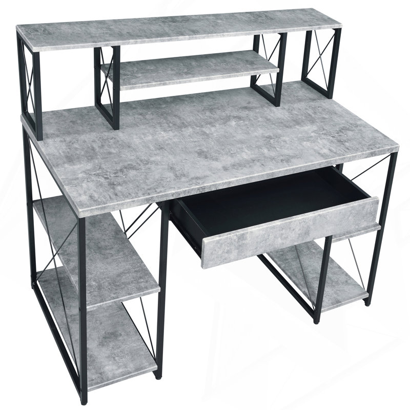 Bureau avec tablettes ouvertes et huche, Gris