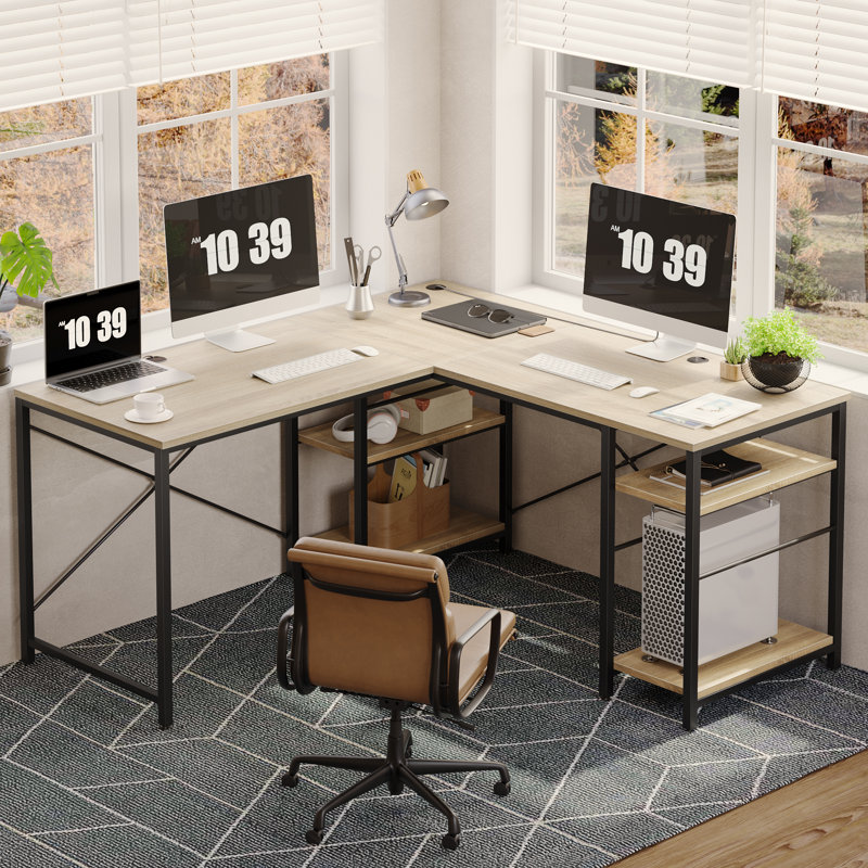 Nedyo 95.2" L-Shaped Desk with Shelves, Reversible Corner