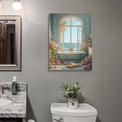 Encadré bleu mer côte océan fleurs impressions salle de bain baignoire scène photo décoration murale fenêtre côtière floral toile art mural affiche d'art (12 po x 16 po)