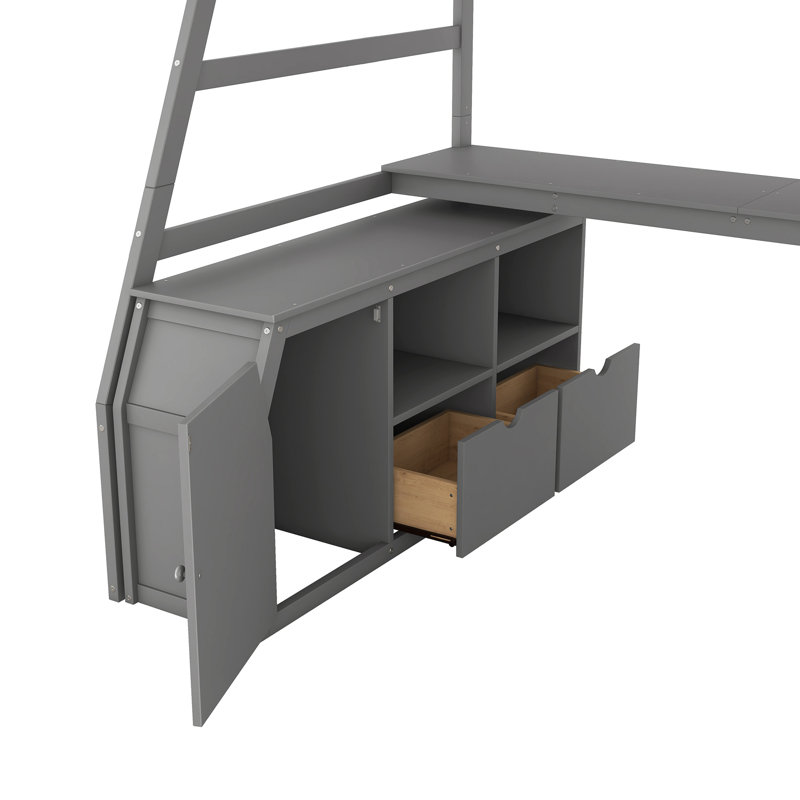 Lit mezzanine avec 7 tiroirs, 2 tablettes et un bureau, Gris