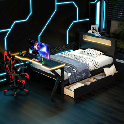 Lit plateforme en bois avec tête de lit à DEL, bureau à DEL, ports USB et 2 tiroirs de rangement